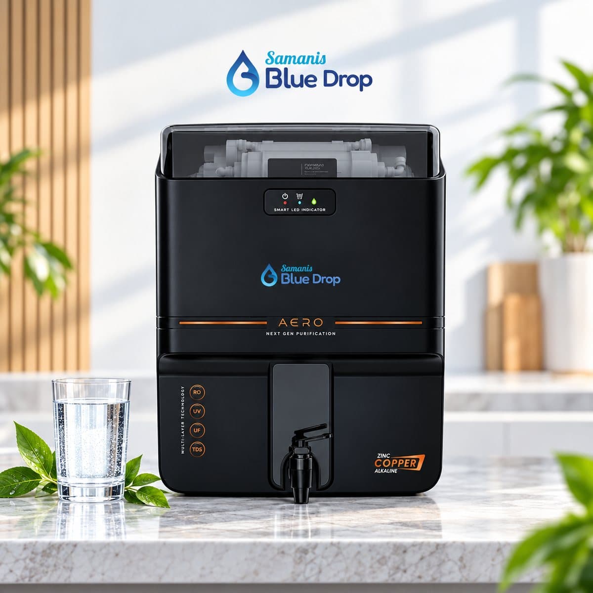 Black AQS Aero RO + UV + UF water purifier with Blue Drop branding on a kitchen counter