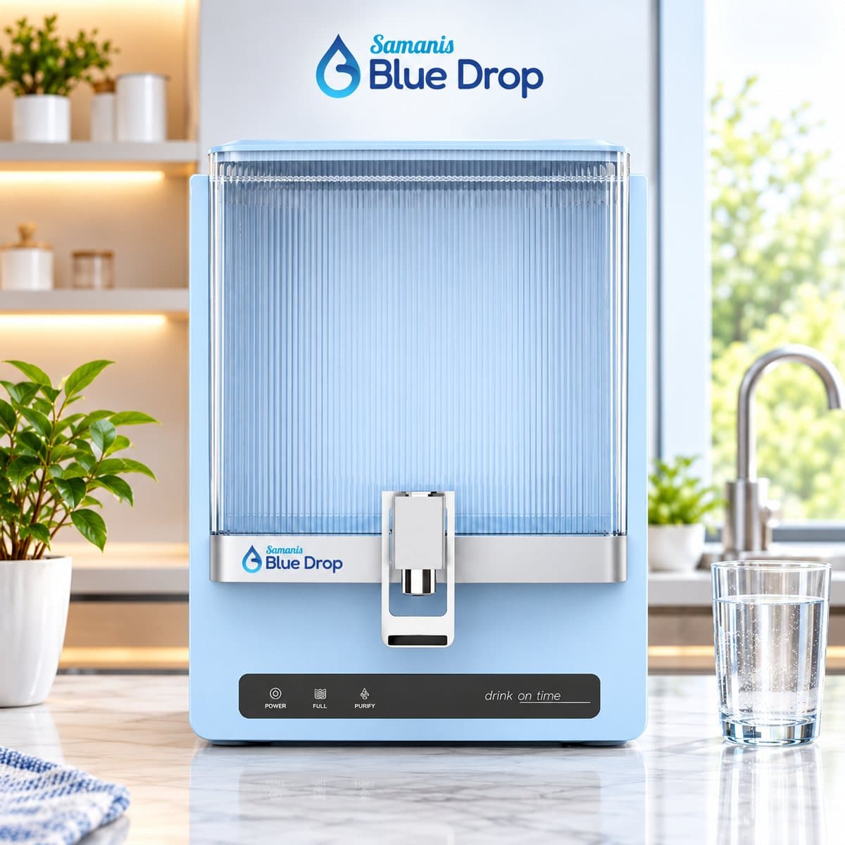 AQS Fiona water purifier in light blue with Blue Drop branding on a kitchen counter