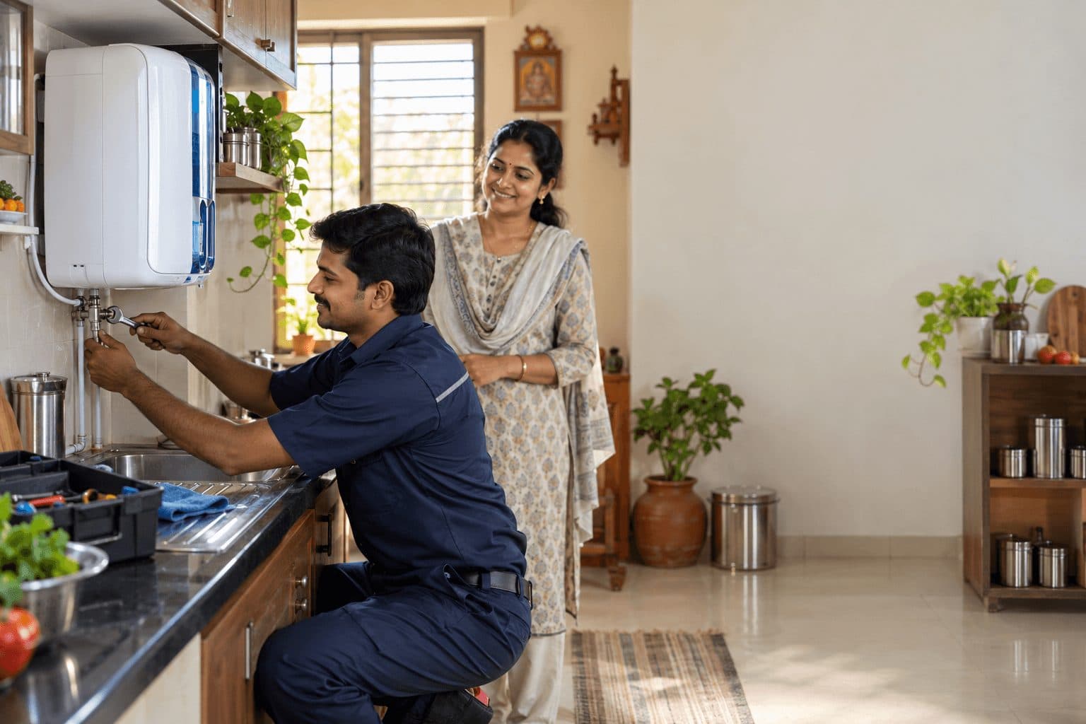Blue Drop technician installing a wall-mounted water purifier in a family kitchen