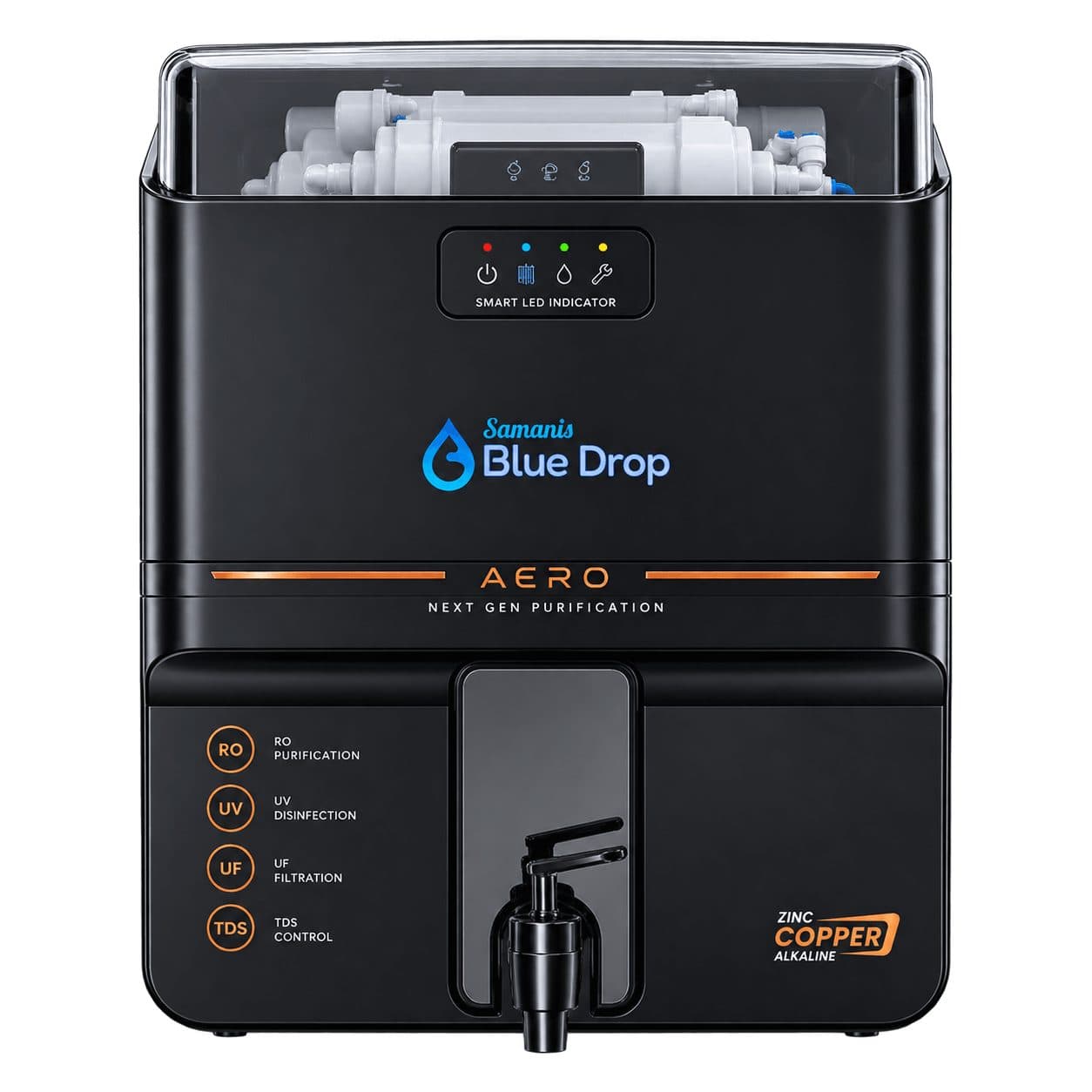 Front view of the black AQS Aero purifier showing RO, UV, UF and TDS control labels