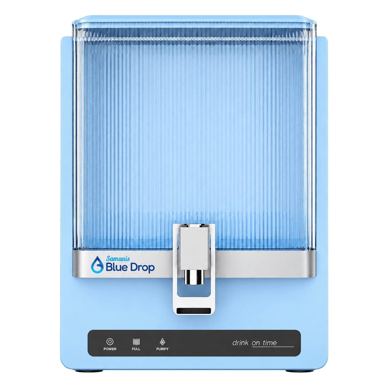Front view of the light-blue AQS Fiona purifier with its clear tank and Blue Drop logo