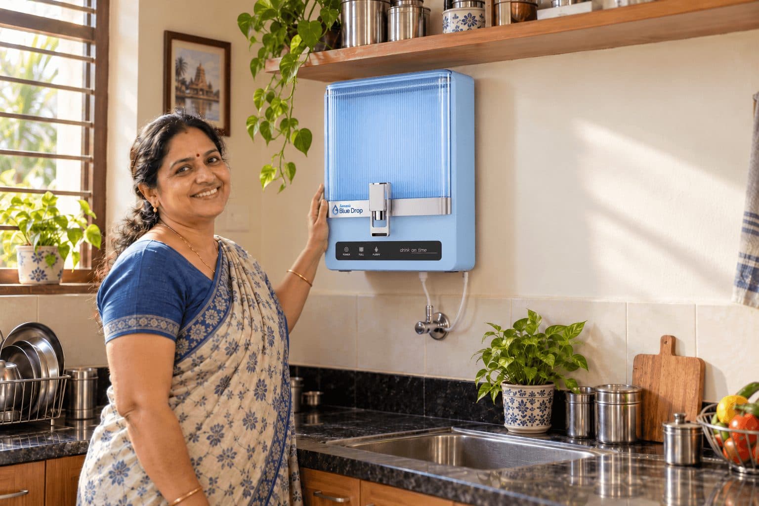 Smiling woman in her kitchen next to a wall-mounted Blue Drop water purifier