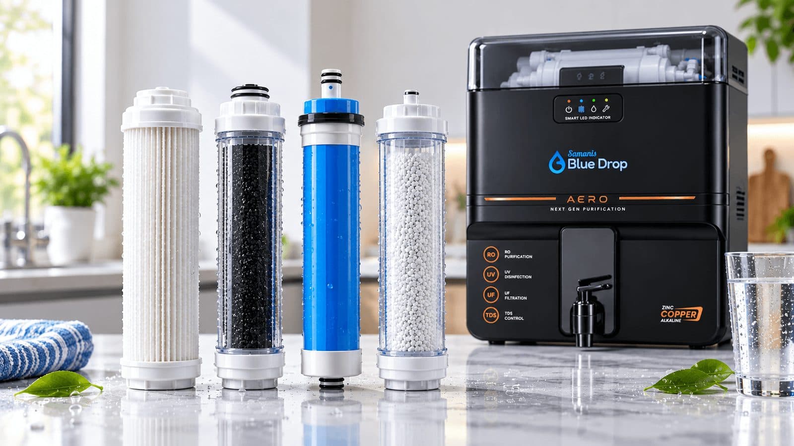 The sediment, carbon, RO membrane and mineral filters used inside the AQS Aero purifier